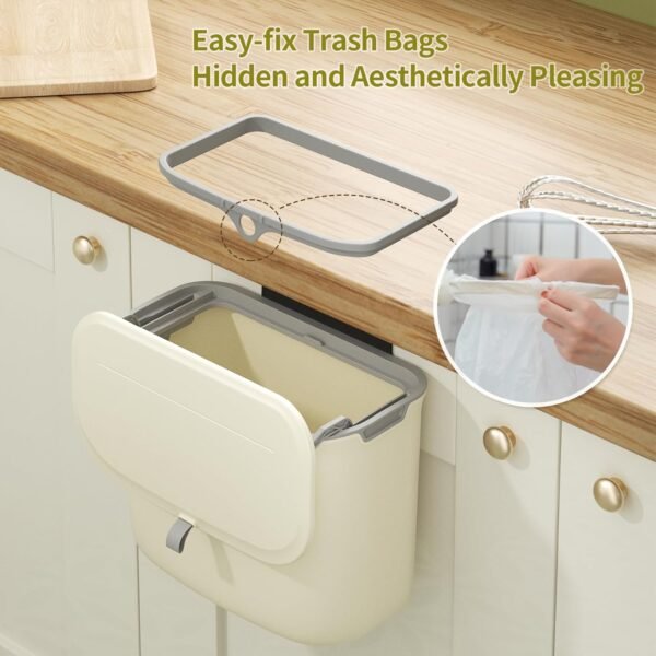 Kitchen Compost Bin Countertop, 9L/2.4gal Indoor Food Waste Recycling Bucket, Portable Trash Can with Lid for Cabinet Door, Under Sink, Wall Mounted, White - Image 3