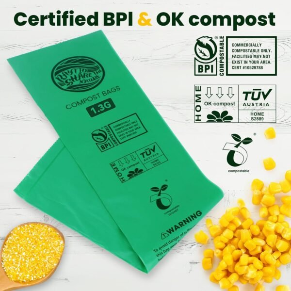 Compost Bags 1.3 Gallon,100 Count,Small Compostable Bags for Kitchen Countertop Compost Bin 0.75, 1.2, 1.3, 1.75 Gallon,ASTM D6400, US BPI and Europe OK Compost Home Certified - Image 3