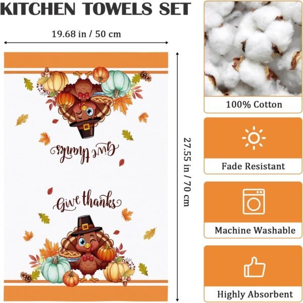 4 Pcs Thanksgiving Turkey Kitchen Towel 100% Cotton Fall Pumpkin Absorbent Dish Towel 27.5"x18.8", Housewarming Decorative Tea Towels for Dining Home - Image 5