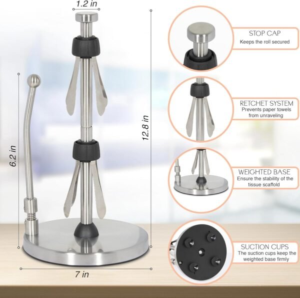 Stainless Steel Paper Towel Holder, Standing Weighted Base, Spring Arm Attachment for Easy One-Handed Tear, Has Suction Cups and Holds All Paper Towel Rolls, Perfect for Kitchen Countertop - Image 2