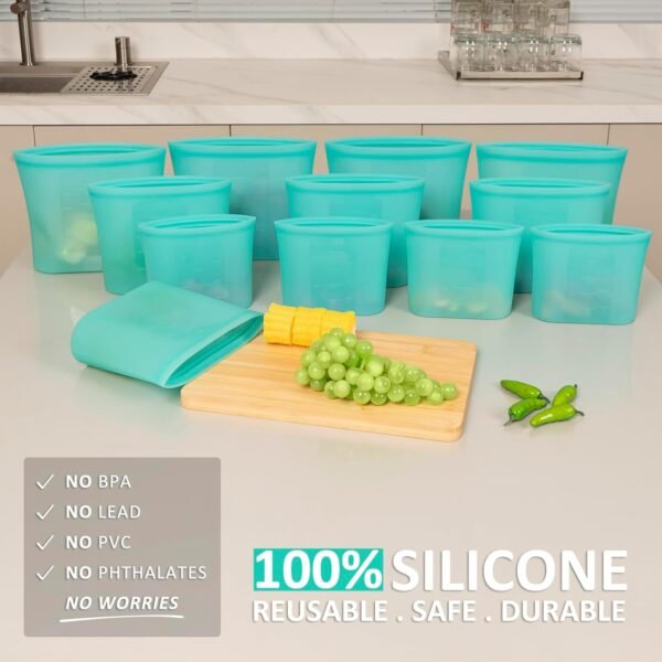 Reusable Food Bags, 12 Pack 100% Silicone Food Storage Bags Stand Up Zip Silicone Bags for Food Container, Freezer Microwave Oven Dishwasher Safe, 4 Large 4 Medium 4 Small, Aqua - Image 2
