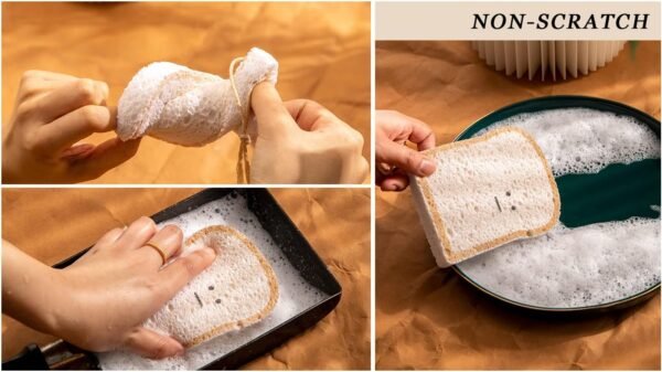 Biodegradable Cellulose Compressed Sponges, Bread Cat Paw Lemon Kitchen Wood Pulp Cleaning Sponges, Cute Natural Non-Scratch Scrub Sponges - 3 Packs - Image 5