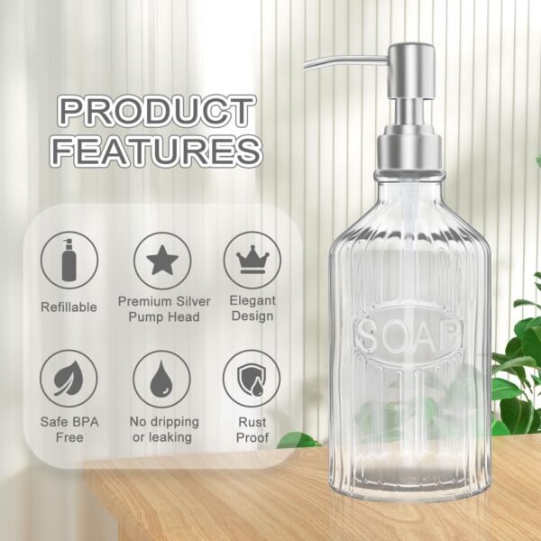 Glass Dish Soap Dispenser - Refillable Kitchen Hand Pump for Rust Proof Stainless Steel Countertop, Clear Liquid Bathroom Dispenser - Image 3