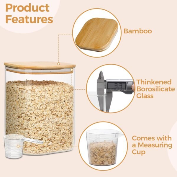 ComSaf Glass Food Storage Containers, 122/37 oz Glass Flour and Sugar Containers with Airtight Lids, Large Square Glass Jars with Bamboo Lids for Rice, Pasta, Oats, Grains, Cookies, Snacks, Candy - Image 6