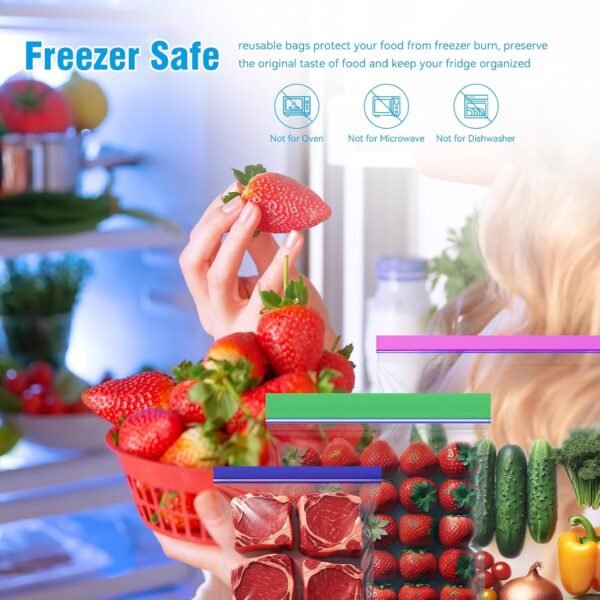 Reusable Food Storage Freezer Bags 100-Pack, Zipper Lock for Fruit and Veggies - 3 Sizes, Microwave and Freezer Safe, Strong Seal, Easy to Fill for Lunch, Snacks, and Meals - Image 7