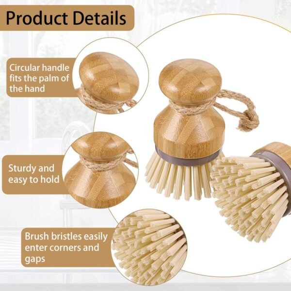 Bamboo Dish Brush Scrub Wooden Brush - Bamboo Dish Brush，Brush for Dishes,Palm Brush Dish Scrubber Suitable for Washing Dishes,Stubborn Stains & Vegetables. - Image 4