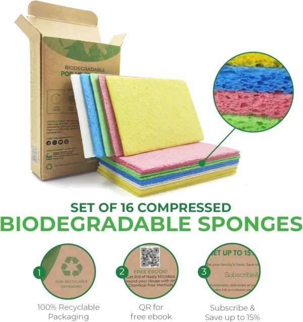 Biodegradable Cellulose Compressed Sponges - Pack of 16 Compostable Sponges Kitchen Pop Up Bulk - Non Scratch Multicolor Natural Dish Sponges - Heavy Duty Multipurpose Eco Friendly Sponges - Image 3