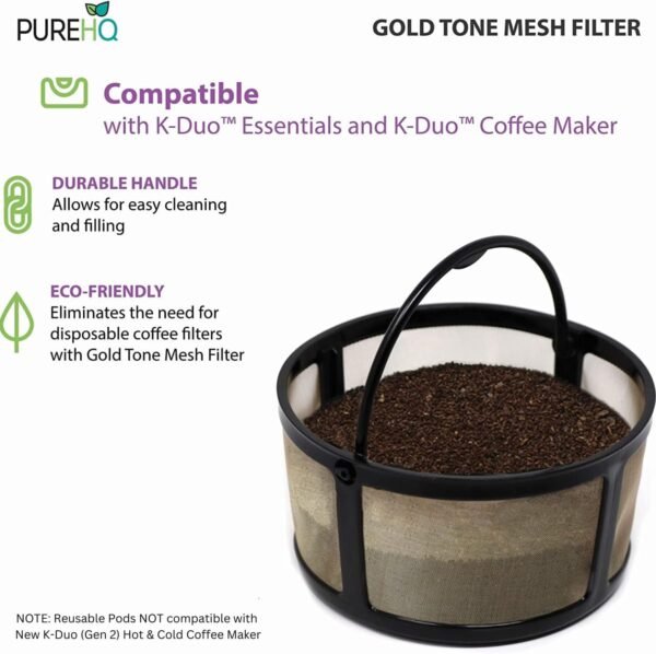 Reusable Mesh Ground Coffee Filter Carafe for Keurig K-Duo Essentials and K Duo Brewers Machine, With 2 Refillable K Cups Pod by PureHQ - Gold Tone Mesh Filter - Value Pack - Image 2