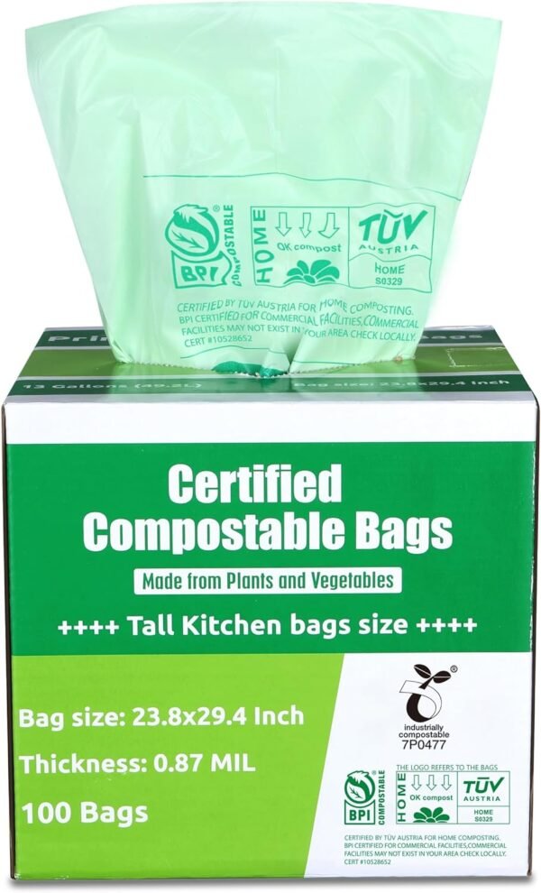 Primode Compostable Bags 13 Gallon, Tall Kitchen Trash Bags, 100 Count, Extra Thick 0.87 Mil. ASTMD6400 Food Scrap Yard Waste Compost Bags, Certified by BPI and TÜV AUSTRIA