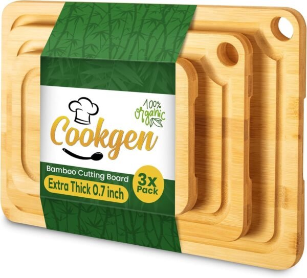 Bamboo Cutting Board Set of 3, Wood Cutting Boards in Large, Medium & Small Size, Organic Wooden Cutting Boards for Kitchen, Vegetable & Meat Cutting Board, Cutting Board with Juice Groove & Handles
