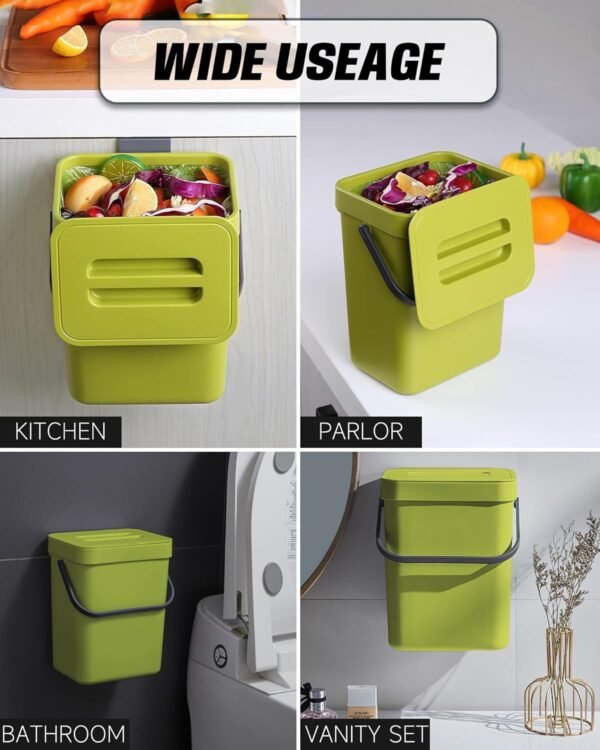 Compost Bin for Kitchen Countertop 5L/1.3 Gal Hanging Small Trash Can with Lid, Kichen Under Sink Trash Can, Wall Mount Indoor Compost Bucket with Lid(Lime Green) - Image 7
