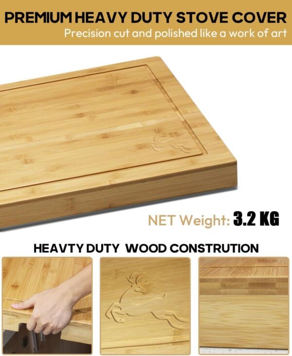 Noodle Board Stove Cover, Wellrain Bamboo Cutting Board Stove Top Cover with Handles for Electric Stovetop Gas Burners RV Sink Cover (Lucky Deer Design) - Image 2