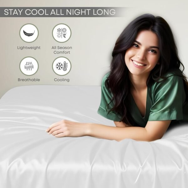 Linenwalas Premium 100% Viscose Derived from Bamboo Queen Sheet Set - Ultra Soft, Breathable & Cooling, Ideal for Hot Sleepers, 16" Deep Pocket, Hotel Luxury Bedding (White) - Image 5
