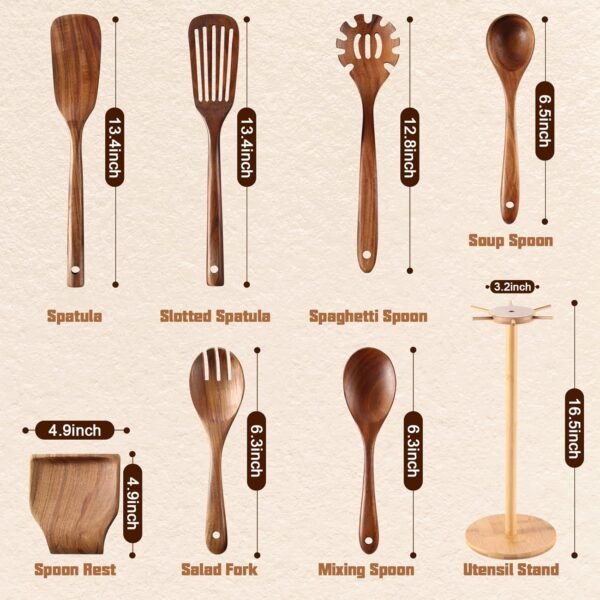 NAYAHOSE Wooden Spoons for Cooking, 8 Pcs Wooden Cooking Utensils Set for Kitchen, Natural Teak Wood Non-Stick Cooking Spoons with Bamboo Holder, Kitchen Hanging Organizer Set - Image 2