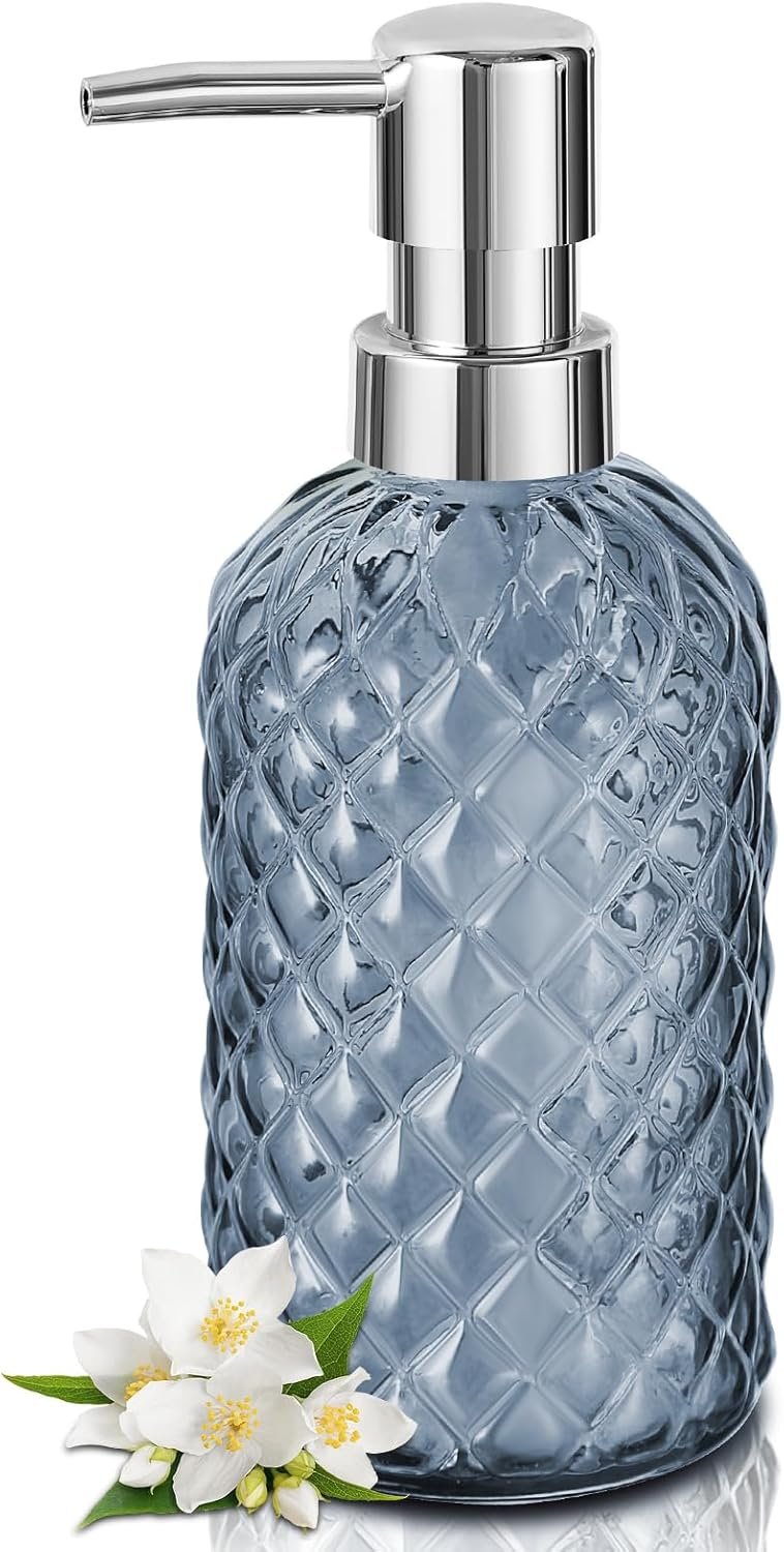 Hand Soap Dispenser, Bathroom Glass Soap Dispenser, 16 Oz Blue Dish Soap Dispenser for Kitchen with Sliver Plastic Pump, Refillable Liquid Lotion Bottle Container, Modern Bathroom Accessories