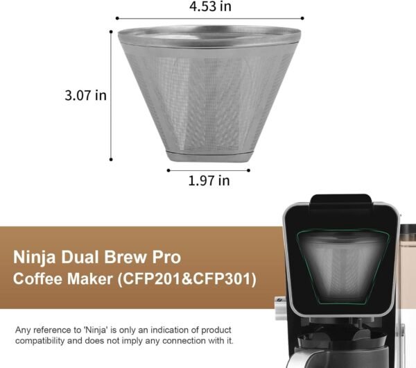 Reusable Coffee Filter No.4 Cone Coffee Maker Filters, 304 Stainless Steel Replacement Permanent Basket Filter for Ninja Coffee Bar Brewer Ninja CFP301 DualBrew Ninja Coffee Makers - Image 3