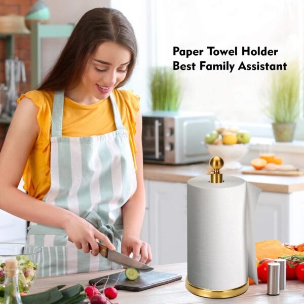 Gold Paper Towel Holder Countertop, Standing Paper Towel Roll Holder for Kitchen Bathroom, with Weighted Base for One-Handed Operation (Stainless Steel Base, Gold) - Image 8