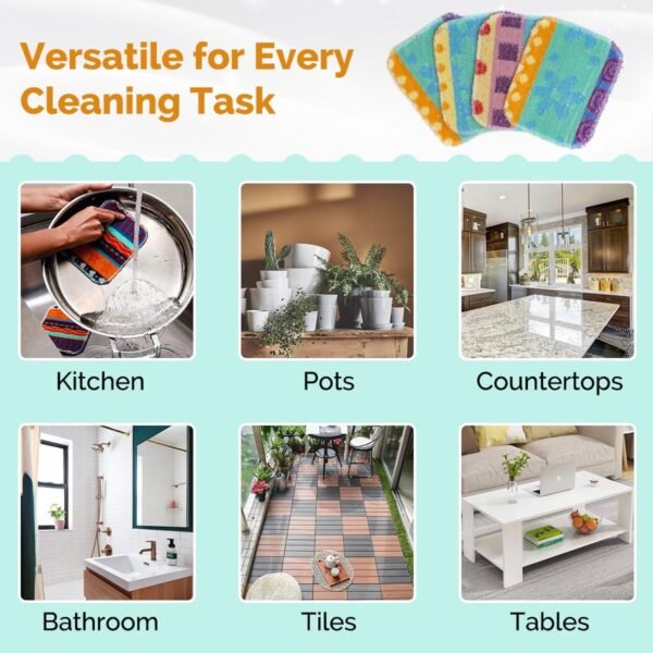 Reusable Dish Scrubber Sponge Set - Non-Scratch Scouring Pads & Scrubbing Cloths Made of Natural Organic Cotton Fibers with Food-Grade Hardener Coating for Kitchen, Bathroom & Household Cleaning (4) - Image 5