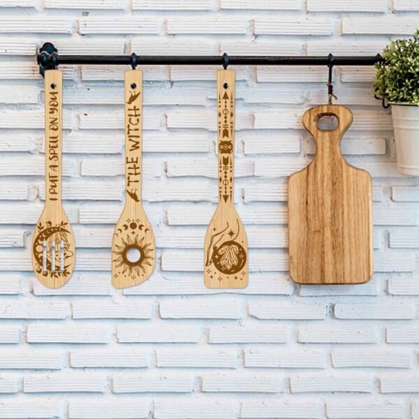 GLOBLELAND 6Pcs Magic Divination Bamboo Cooking Utensils Wooden Engraved Cooking Spoons Set Carving Kitchen Bamboo Spatula Set Wood Cooking Spoon for Kitchen House Warming Gift - Image 5