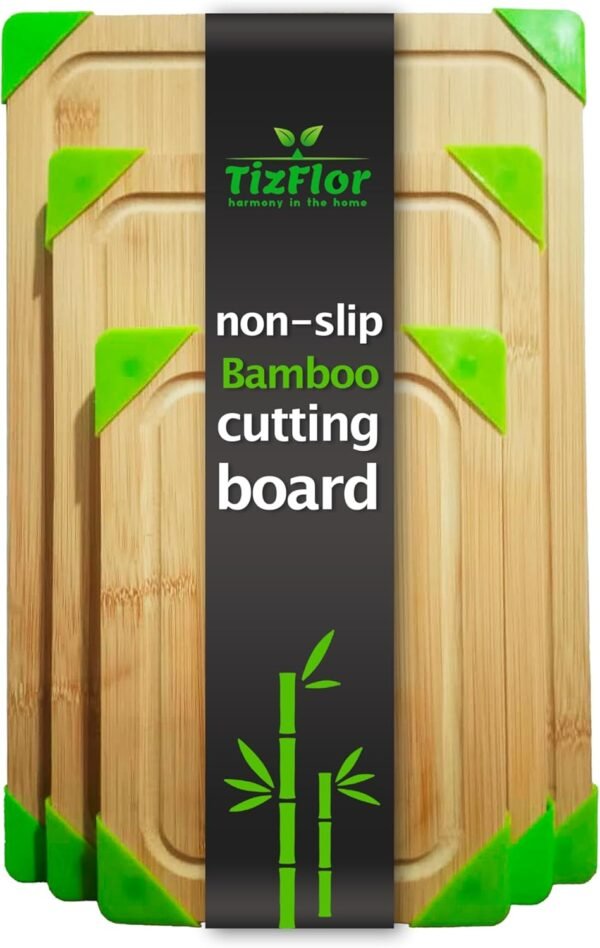 Bamboo Cutting Boards for Kitchen, Set of 3 with Juice Slot and Non-Slip Corners, Double-Sided Wooden Chopping Board for Meat, Fruits, Vegetables and Cheese