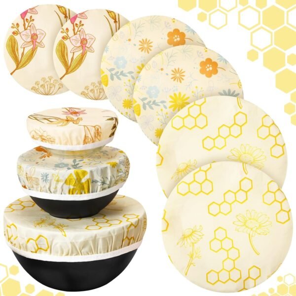 6 Pcs Beeswax Bowl Covers Reusable Cloth Bowl Covers Elastic Fabric Dish Cover Beeswax Food Wraps Cotton Kitchen Storage Containers Lids Kitchen Gifts for Bread Leftover Food Fruits Salad