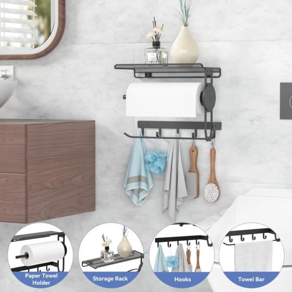 Paper Towel Holder - 4 in 1 Wall Mount Kitchen Paper Rack with Shelf, Towel Holder & Hooks, Easy Tear Paper Roll Holder with Two Fixing Tubes Suitable for Kitchen, Bathroom, Garage & Tool Room - Image 3