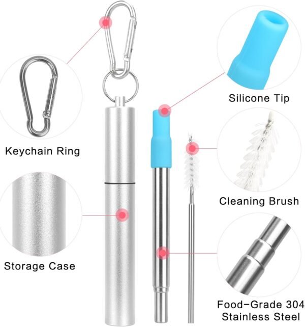 FYY Reusable Straws with Case - 1 Pack Collapsible Stainless Steel Travel Straws with Cleaning Brush & Silicone Tips Portable Telescopic Drinking Straws with Keychain Ring, Cruise Ship Essentials 1P-2 - Image 2