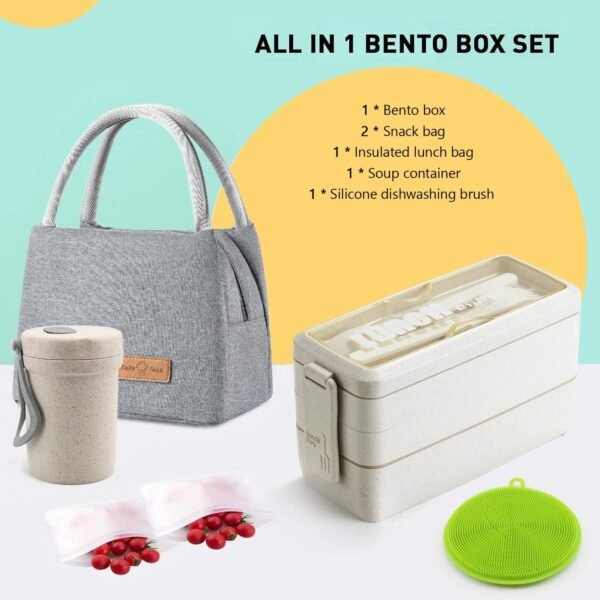 Bento Box Japanese Lunch Box Kit Leakproof Bento Lunch Box for Kids Adults Wheat Straw 3 Layer Stackable Lunch Containers with Compartment Eco-Friendly Meal Prep Containers (Beige) - Image 2