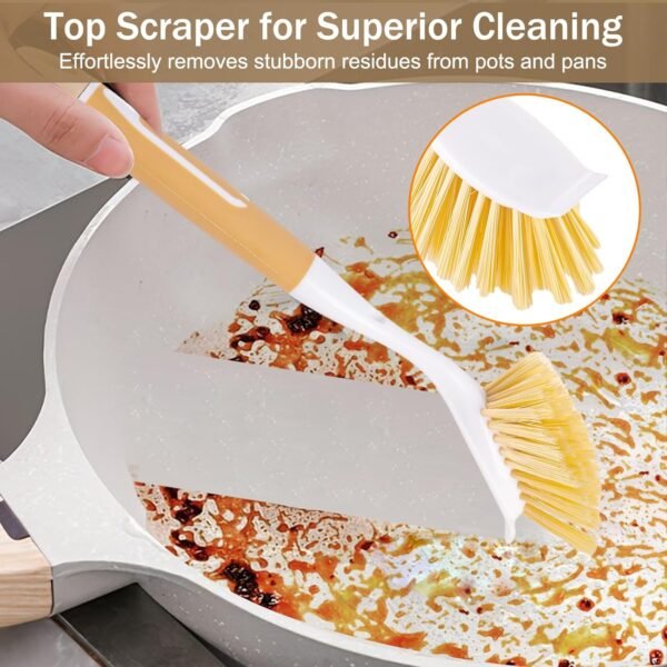 Dish Brush with Detachable Small Steel Wire Brush and Pan Scraper, Home Kitchen Scrub Brushes with Long Handle for Household Cleaning Dishes, Pots, Stovetop, Grill, Sink Scrubber (2-Pack) - Image 4