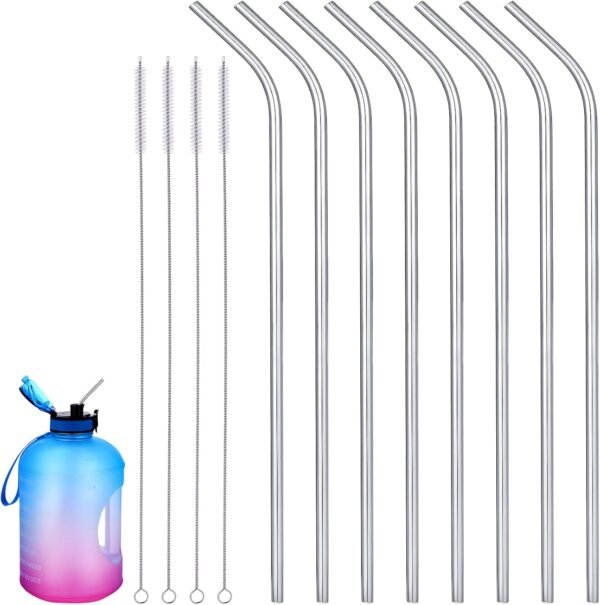 8 Pieces 14 Inch Stainless Steel Straws Long Drinking Straws for 100 oz Tumblers, Reusable Metal Drinking Straws Extra with 4 Pieces Cleaning Brush (Silver)