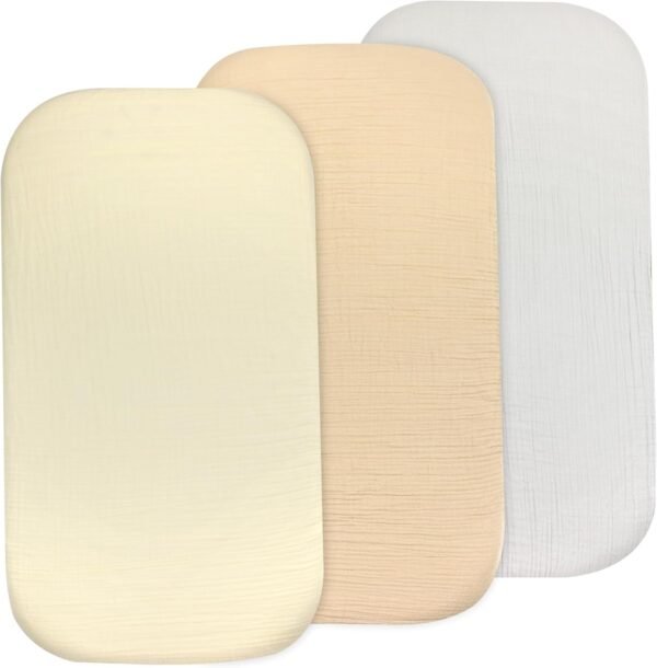 3 Pack Organic Muslin Bedside Bassinet Sheets Compatible with Mika Micky, Baby Delight, Dream On Me, AMKE and Other Bassinet Pads Size Between 17-21 in Width, 29-33 in Length, and 1.5-4 in Thick