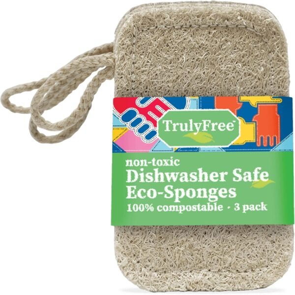 Truly Free Natural Cleaning Sponges, 100% Organic Luffa Dish Scrubber, Plant-Based Compostable Kitchen Dishwasher Sponge, Cleans Sink, Grout & Tile, Non Scratch Scouring Pad - 4.4 x 2.8 in, Pack of 3