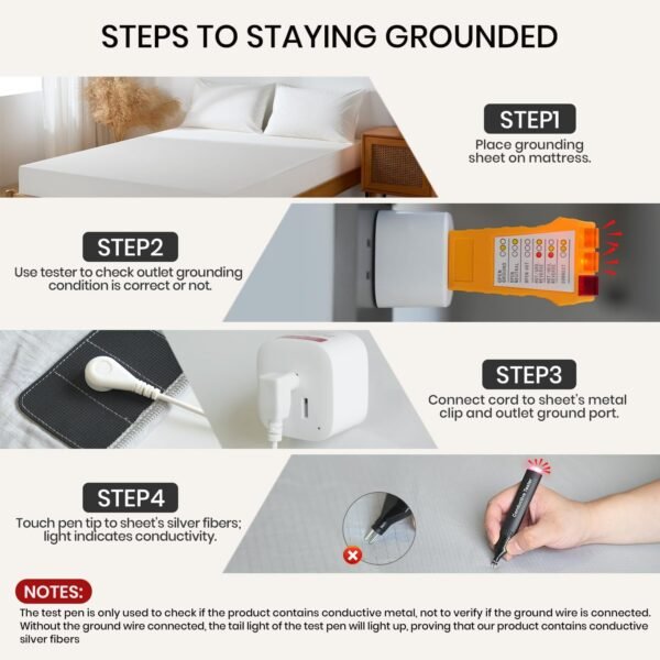 Grounding Sheets 5% Pure Silver Fiber 95% Organic Cotton Superior Earthing Fitted Sheet 400 Threads Earth Connected Bed Sheet with Pen Socket Tester and Long Grounding Cord (Queen 60"x80"x15" White) - Image 5
