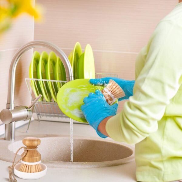 Boao 3 Pieces Bamboo Dish Scrub Brush Natural Wooden Kitchen Cleaning Scrubbers Durable Bamboo Palm Household Pot Scrubber Brush and 1 Holder for Dishes Pots Pans Kitchen Sink Cleaning - Image 7