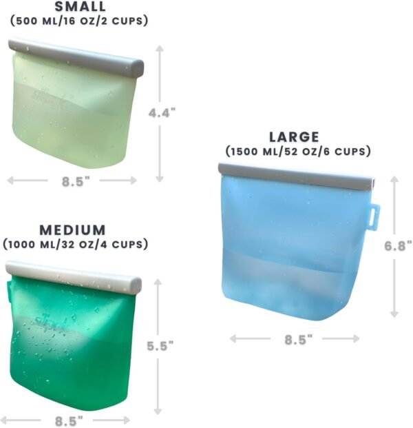 Reusable Silicone Food Storage Bags, 3 pack, Multi Use Leakproof Meal Prep Containers & Freezer Bags, Lunch Bags | Makeup Bag & Travel Containers | BPA Free, Dishwasher and Microwave Safe - Image 7
