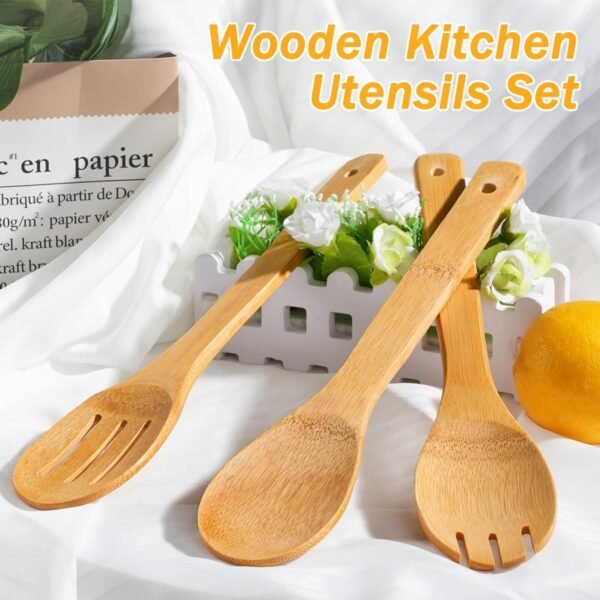 IOOLEEM Bamboo Wooden Spoons for Cooking 6 Pcs 12Inch,Non-Stick Wooden Kitchen Utensils Set,Natural and Durable Wooden Spatula Spoons for Non-Stick Pan for Cooking - Image 4