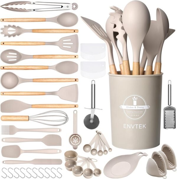 Silicone Kitchen Utensils Set 43 PCS for Cooking, Spatula Set with Wooden Handle, Cookware Nonstick Heat Resistant Kitchen Gadgets. Kitchen Tools with Holder (Khaki)