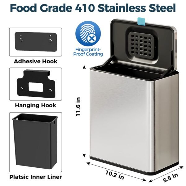 Stainless Steel Hanging Trash Can with Lid and Inner Bucket, 2 Gallon Kitchen Compost Bin for Counter Top, Under Sink or Wall Mount, Small Garbage Can for Cupboard/Bathroom/Bedroom/RV - Image 6