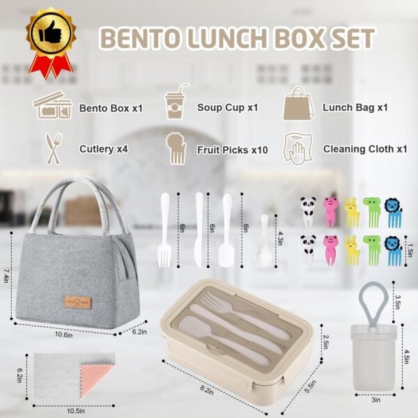 Bento Lunch Box for Kids, Bento Box Adults Lunch Box Leak-proof for Kids Toddler Teens School, Lunch Box Containers Durable with Lunch Bag, Cup, Spoon, Forks, Dishcloth（Khaki Set） - Image 2
