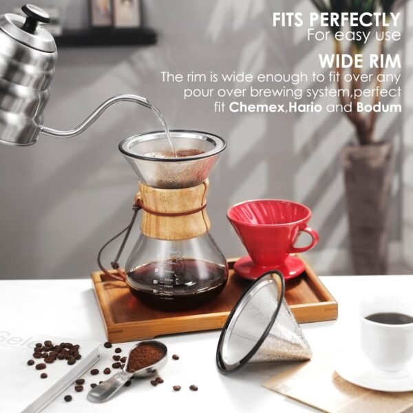 Pour Over Coffee Filter,Reusable 304 Stainless Steel Coffee Dripper,Wide Metal Base Perfect for Chemex Hario V60 Bodum & Other Coffee Makers Paperless Coffee Filter for Sustainable Brewing By TEEMADE - Image 5