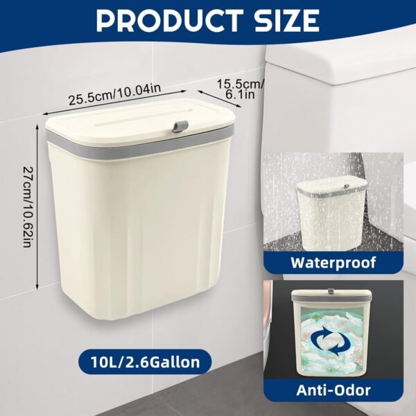 3 Pack Hanging Trash Can with Lid, 10L/2.6 Kitchen Compost Bin for Counter Top or Under Sink, Small Plastic Waste Basket Wall Mounted Garbage Can for Cupboard/Bathroom/Bedroom/Office/Camping (White) - Image 2