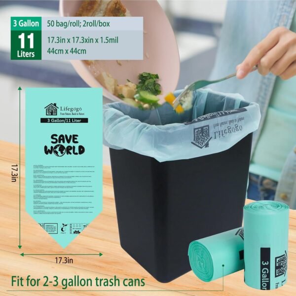Compostable Trash Bags 3 Gallon: Biodegradable Small Compost Bags, 11 Liters Kitchen Food Scrap Compost Bin Bags,1.5 Mil, Extra Thick Kitchen Compost Bags for Countertop Bin (100 Count,1.5 Mil) - Image 2