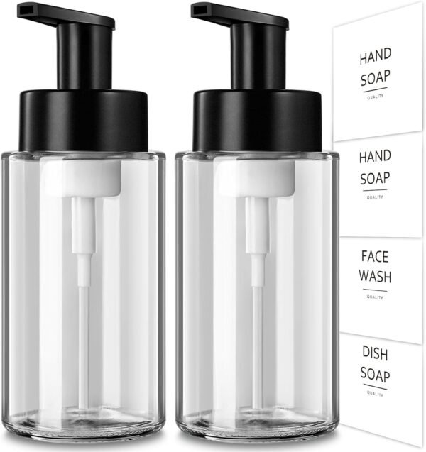 Foaming Soap Dispenser, 12 Oz Foaming Hand Soap Dispenser, 2 Pack Glass Foaming Soap Dispenser for Bathroom & Kitchen, Clear Refillable Foam Soap Dispenser Pump Bottle with Waterproof Labels