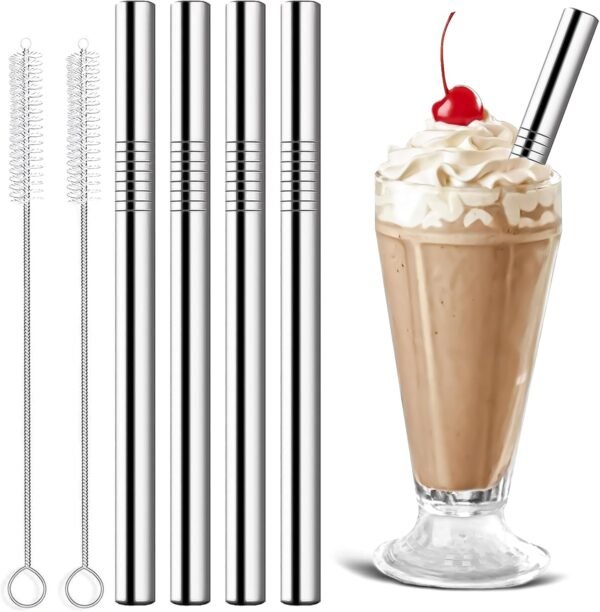 Stainless Steel Smoothie Straws, 0.4'' Extra Wide Reusable Metal Drinking Straws for Milkshake, Smoothie, Beverage, Set of 4 with 2 Cleaning Brush