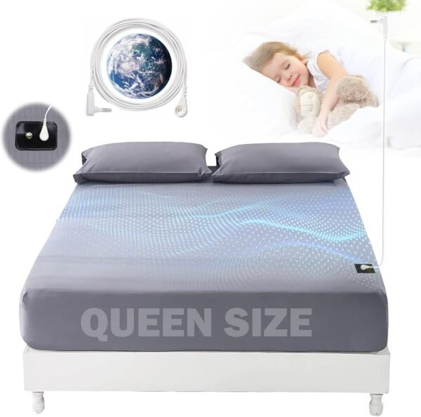Grounding Sheets Queen Size 5% Pure Silver Fiber+95% Organic Cotton, Grounded Fitted Sheet Earth Connected Bedding (60"x 80"x 13" Gray) Earth Sheets with Grounding Cord