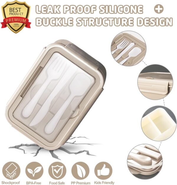 Bento Lunch Box for Kids, Bento Box Adults Lunch Box Leak-proof for Kids Toddler Teens School, Lunch Box Containers Durable with Lunch Bag, Cup, Spoon, Forks, Dishcloth（Khaki Set） - Image 3