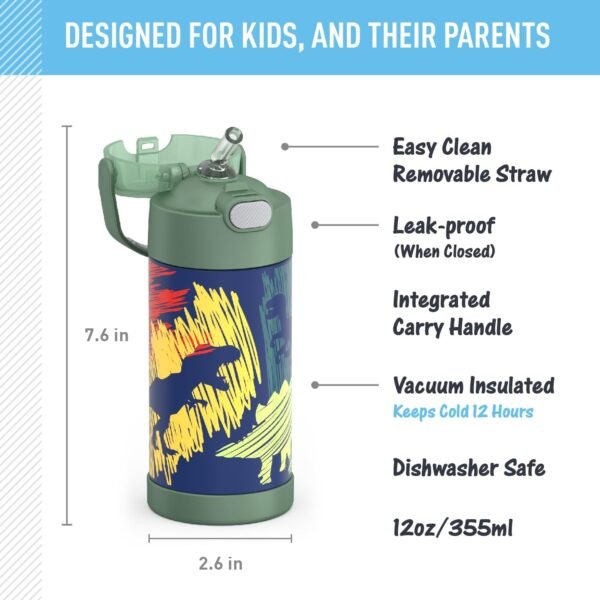 THERMOS FUNTAINER Water Bottle with Straw - 12 Ounce, Dinosaurs - Kids Stainless Steel Vacuum Insulated Water Bottle with Lid - Image 2