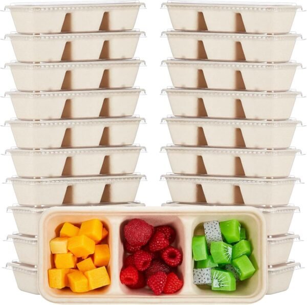 Hushee 25 Pack 17 oz Small Meal Prep Containers 3 Compartments with Lids, Disposable Plastic Bento Boxes Reusable Stackable Food Containers Travel Lunch Boxes for Office, Picnic (Natural)