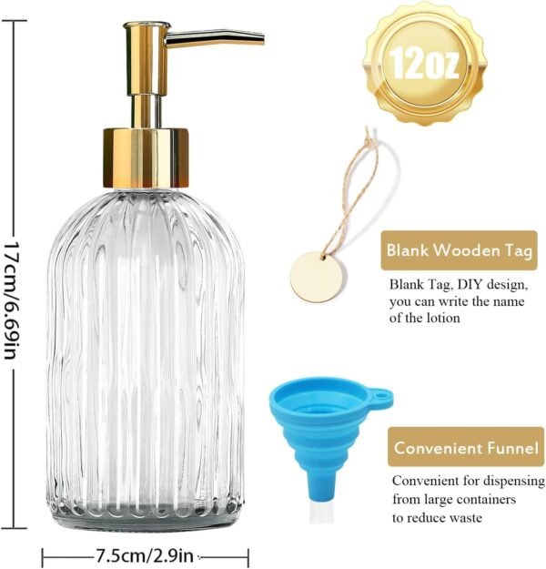 14 Oz Stripe Clear Glass Soap Dispenser with Gold Plastic Pump, Stripe Design Refillable Liquid Hand Lotion Dispenser, Contains Hand Soap and Dish Soap Dispenser, for Kitchen and Bathroom - Image 3