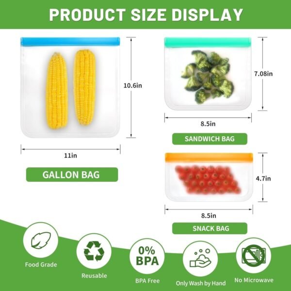 20 Pack Reusable Freezer Bags, BPA Free Silicone Food Bags, Leakproof Silicone Sandwich Bags, Extra-Thick Reusable Snack Bags for Marinate Meats Snack Fruits Veggies Make-up Toiletries - Image 4